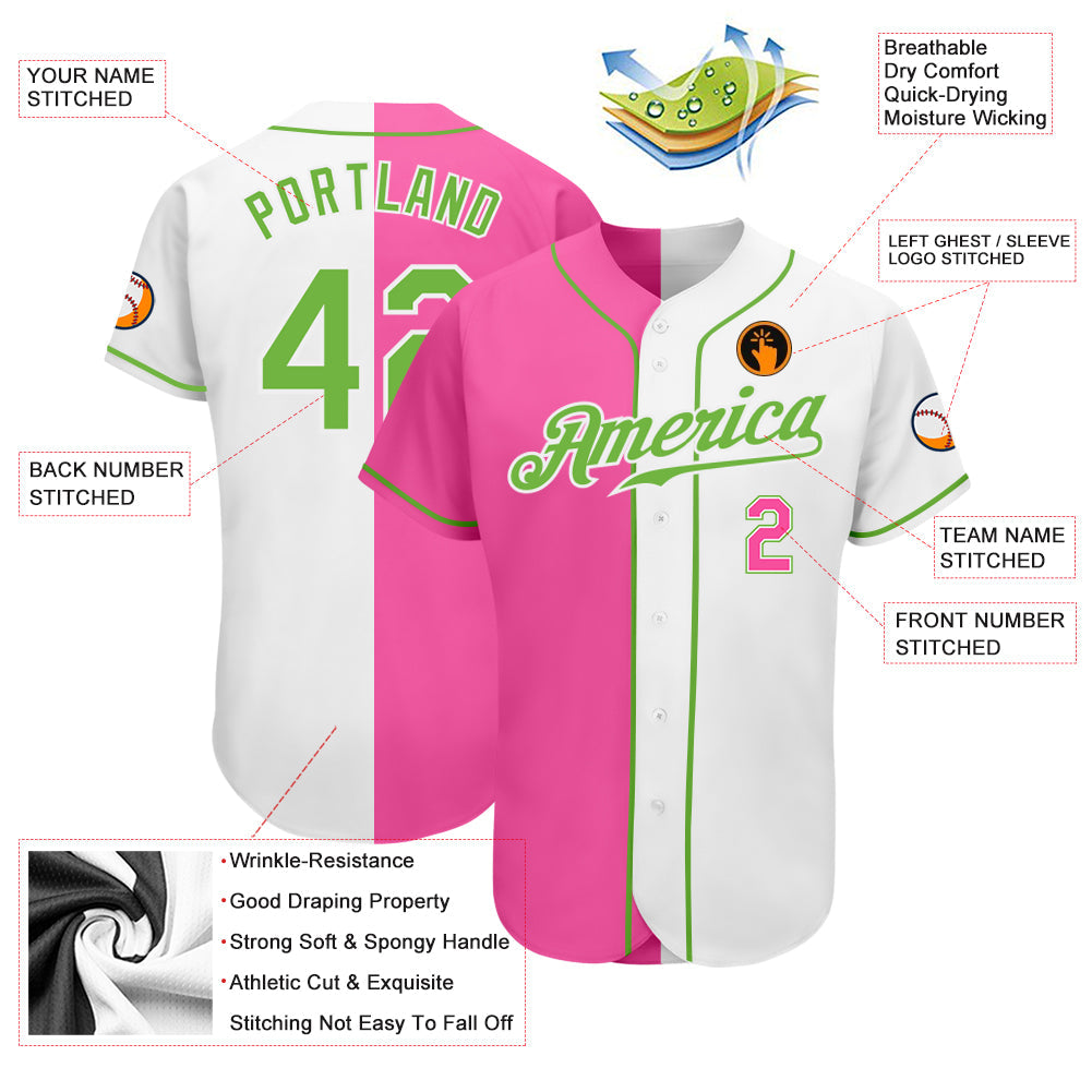 Custom White Neon Green-Pink Authentic Split Fashion Baseball Jersey - Sky-Custom
