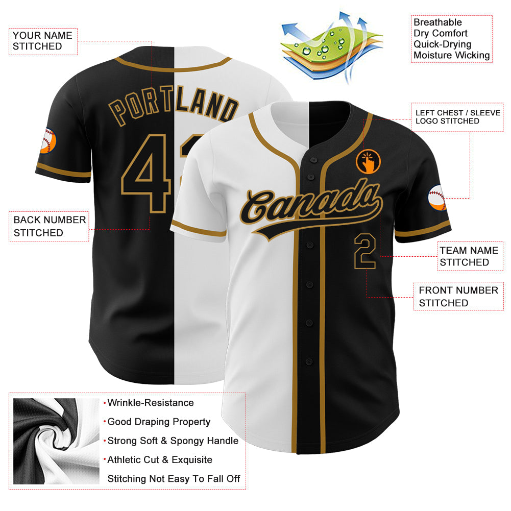 Custom Black Black White-Old Gold Authentic Split Fashion Baseball Jersey - Sky-Custom
