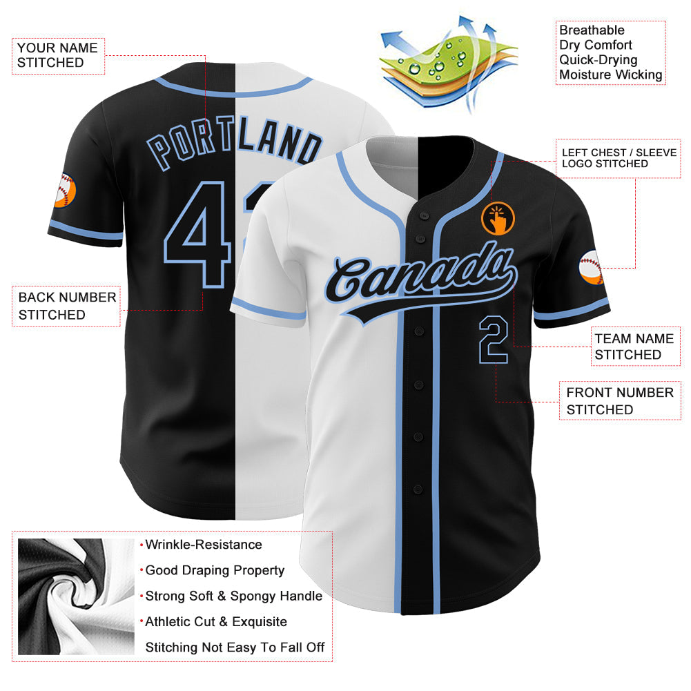 Custom Black Black White-Light Blue Authentic Split Fashion Baseball Jersey - Sky-Custom