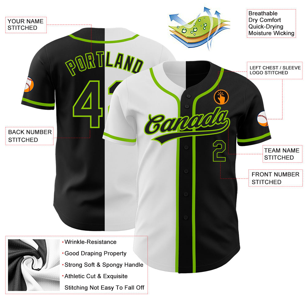 Custom Black Black White-Neon Green Authentic Split Fashion Baseball Jersey - Sky-Custom