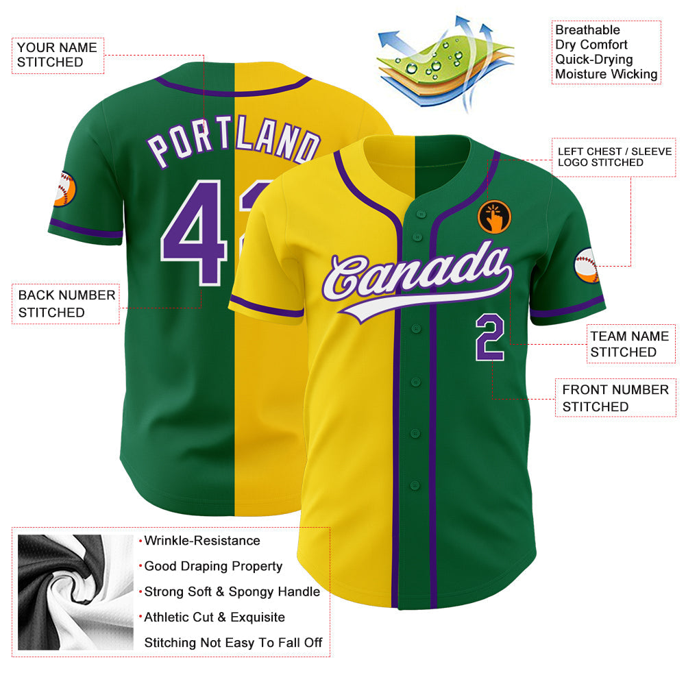 Custom Kelly Green Purple-Yellow Authentic Split Fashion Baseball Jersey - Sky-Custom
