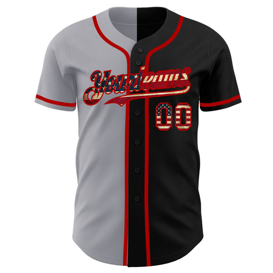 Custom Black Vintage USA Flag Gray-Red Authentic Split Fashion Baseball Jersey - Sky-Custom