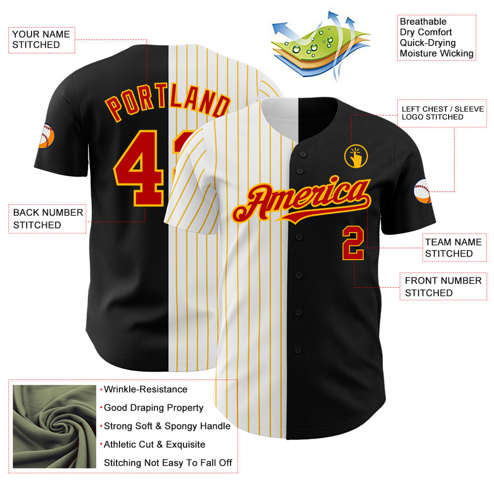 Custom Black Red-Gold Pinstripe Authentic Split Fashion Baseball Jersey - Sky-Custom