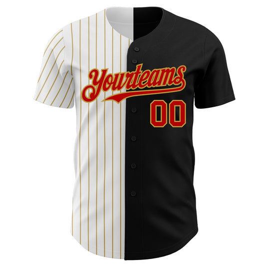 Custom Black Red-Old Gold Pinstripe Authentic Split Fashion Baseball Jersey - Sky-Custom