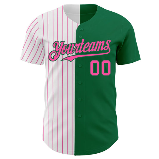 Custom Kelly Green White-Pink Pinstripe Authentic Split Fashion Baseball Jersey - Sky-Custom