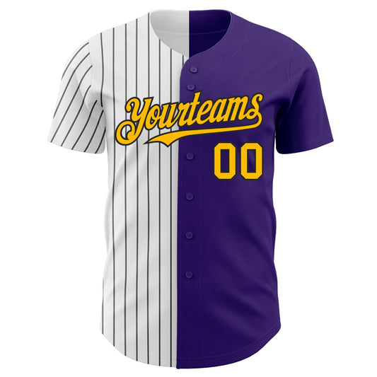 Custom Purple Gold-Black Pinstripe Authentic Split Fashion Baseball Jersey - Sky-Custom