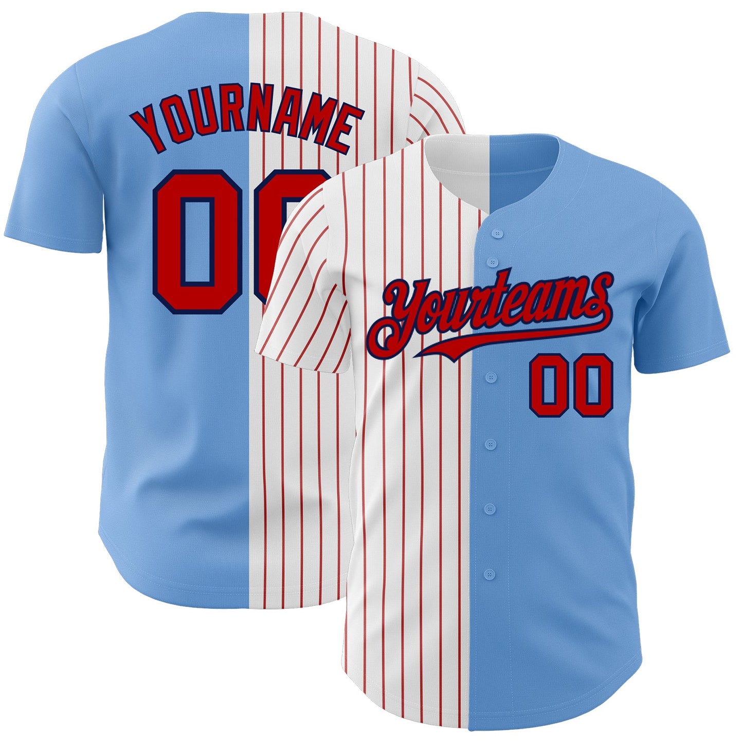 Custom Light Blue Navy-Red Pinstripe Authentic Split Fashion Baseball Jersey - Sky-Custom