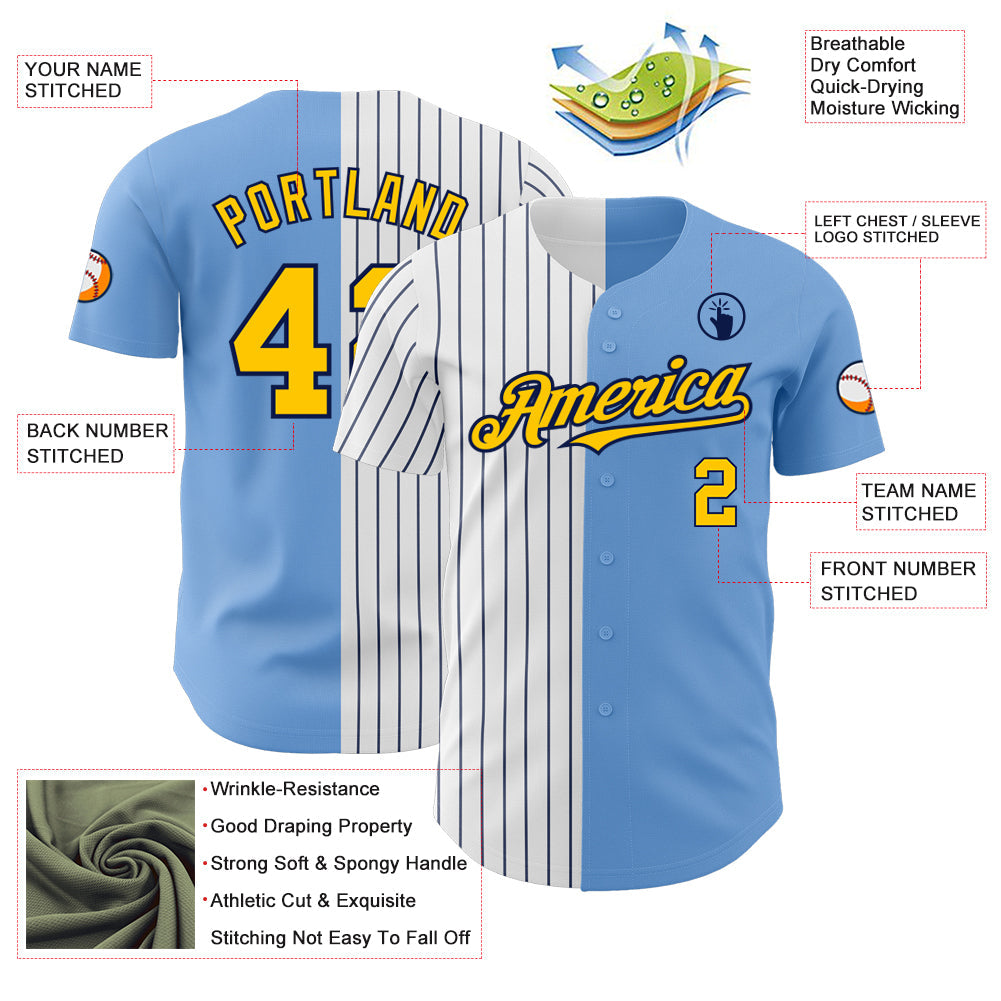 Custom Light Blue Yellow-Navy Pinstripe Authentic Split Fashion Baseball Jersey - Sky-Custom