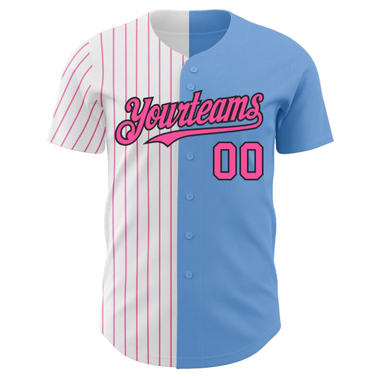 Custom Light Blue Black-Pink Pinstripe Authentic Split Fashion Baseball Jersey - Sky-Custom
