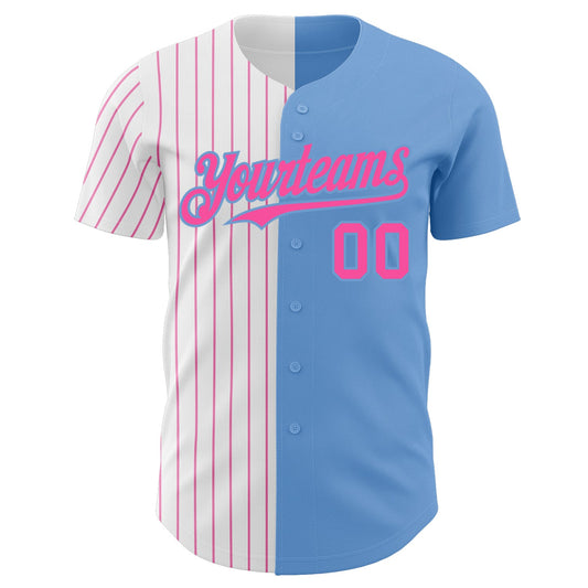 Custom Light Blue White-Pink Pinstripe Authentic Split Fashion Baseball Jersey - Sky-Custom