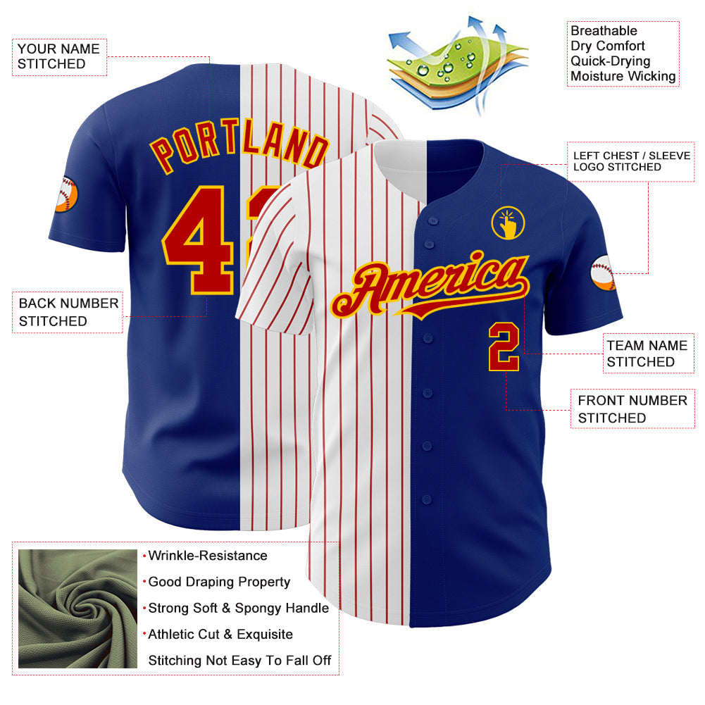 Custom Royal Yellow-Red Pinstripe Authentic Split Fashion Baseball Jersey - Sky-Custom