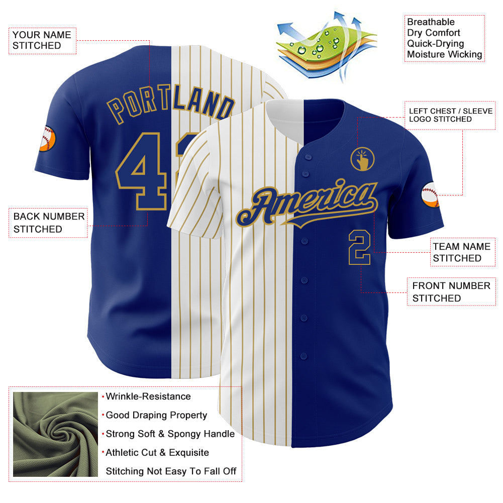 Custom Royal White-Old Gold Pinstripe Authentic Split Fashion Baseball Jersey - Sky-Custom