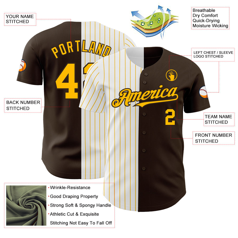 Custom Brown White-Gold Pinstripe Authentic Split Fashion Baseball Jersey - Sky-Custom