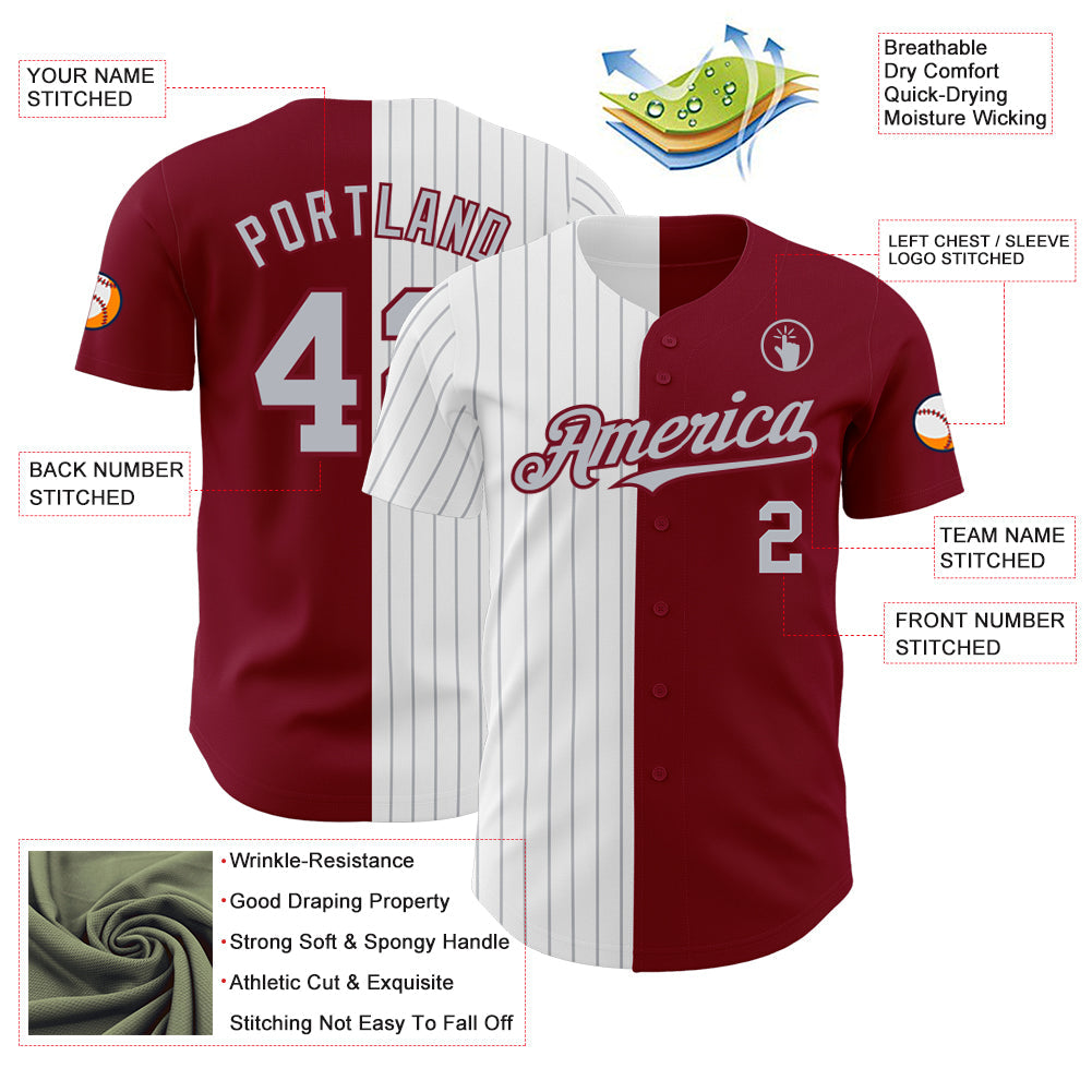 Custom Crimson White-Gray Pinstripe Authentic Split Fashion Baseball Jersey - Sky-Custom