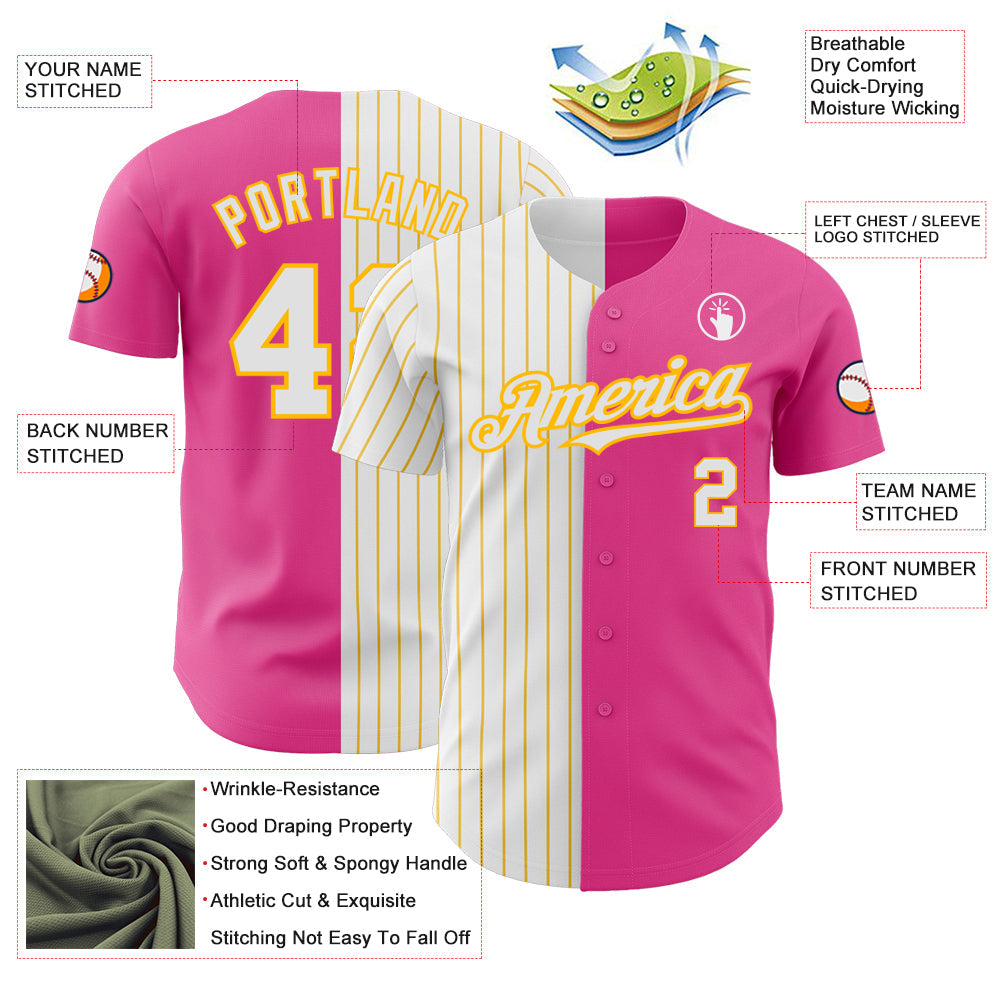 Custom Pink White-Gold Pinstripe Authentic Split Fashion Baseball Jersey - Sky-Custom
