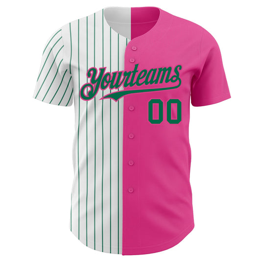 Custom Pink White-Kelly Green Pinstripe Authentic Split Fashion Baseball Jersey - Sky-Custom