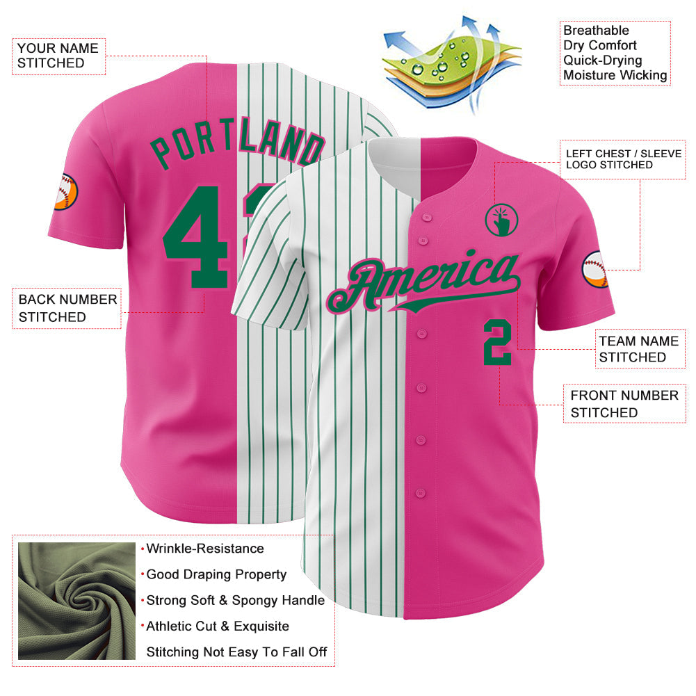 Custom Pink White-Kelly Green Pinstripe Authentic Split Fashion Baseball Jersey - Sky-Custom