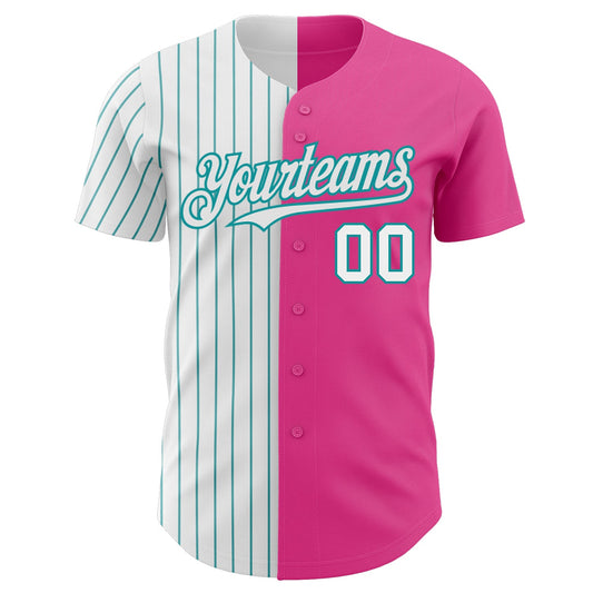Custom Pink White-Teal Pinstripe Authentic Split Fashion Baseball Jersey - Sky-Custom