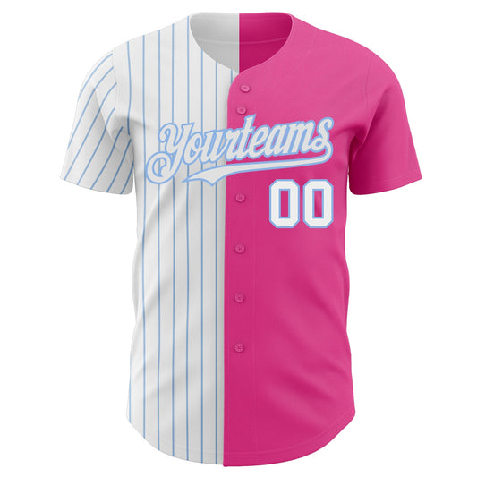 Custom Pink White-Light Blue Pinstripe Authentic Split Fashion Baseball Jersey - Sky-Custom