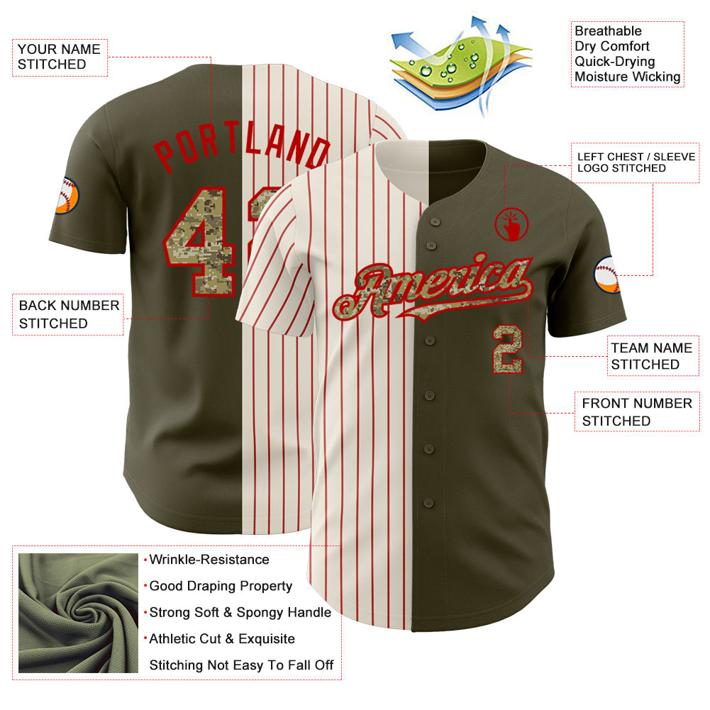 Custom Olive Camo Cream-Red Pinstripe Authentic Split Fashion Salute To Service Baseball Jersey - Sky-Custom