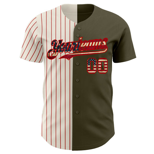 Custom Olive Vintage USA Flag Cream-Red Pinstripe Authentic Split Fashion Salute To Service Baseball Jersey - Sky-Custom