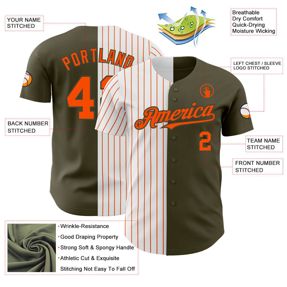 Custom Olive White-Orange Pinstripe Authentic Split Fashion Salute To Service Baseball Jersey - Sky-Custom