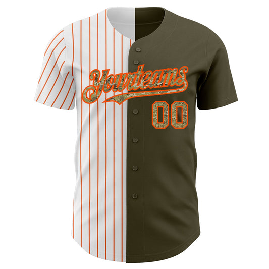 Custom Olive Camo-Orange Pinstripe Authentic Split Fashion Salute To Service Baseball Jersey - Sky-Custom