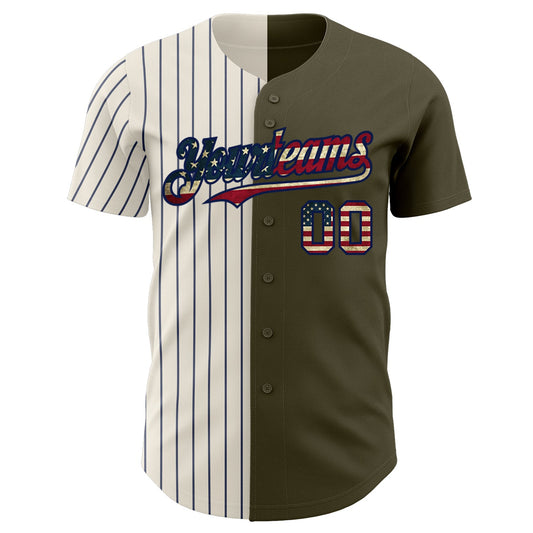 Custom Olive Vintage USA Flag Cream-Navy Pinstripe Authentic Split Fashion Salute To Service Baseball Jersey - Sky-Custom