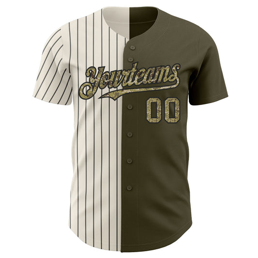 Custom Olive Camo Cream-Black Pinstripe Authentic Split Fashion Salute To Service Baseball Jersey - Sky-Custom