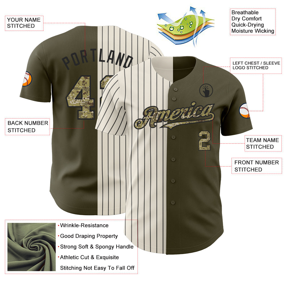 Custom Olive Camo Cream-Black Pinstripe Authentic Split Fashion Salute To Service Baseball Jersey - Sky-Custom