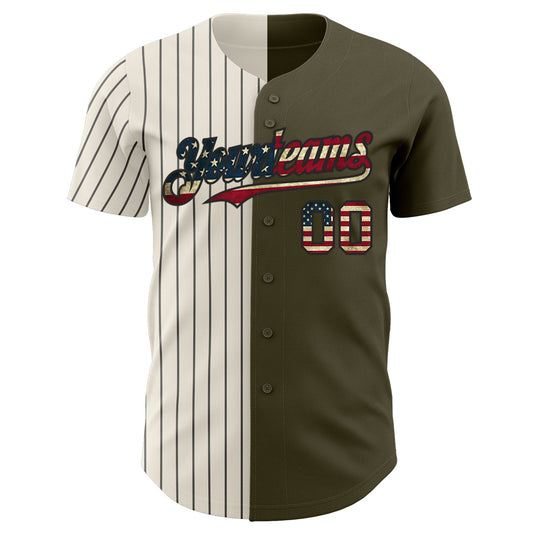 Custom Olive Vintage USA Flag Cream-Black Pinstripe Authentic Split Fashion Salute To Service Baseball Jersey - Sky-Custom