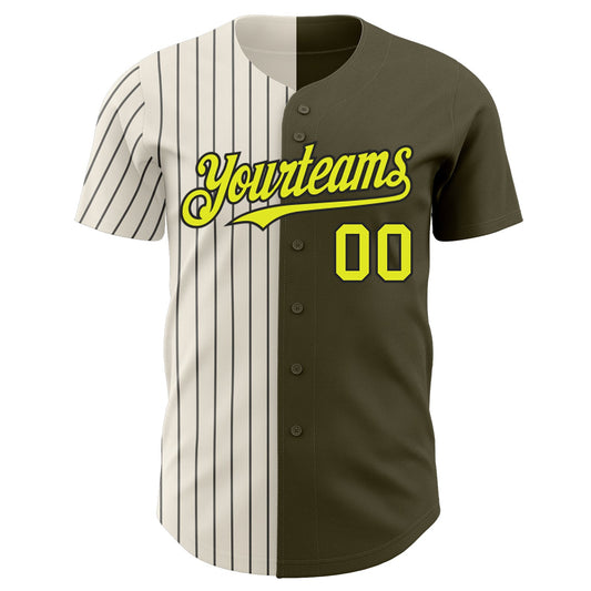 Custom Olive Neon Yellow Cream-Black Pinstripe Authentic Split Fashion Salute To Service Baseball Jersey - Sky-Custom