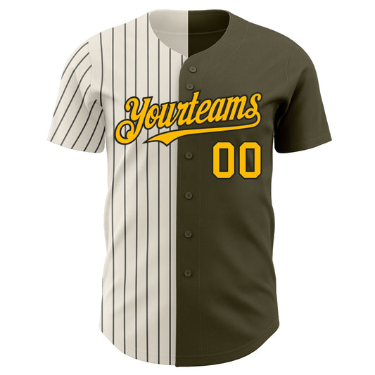 Custom Olive Gold Cream-Black Pinstripe Authentic Split Fashion Salute To Service Baseball Jersey - Sky-Custom