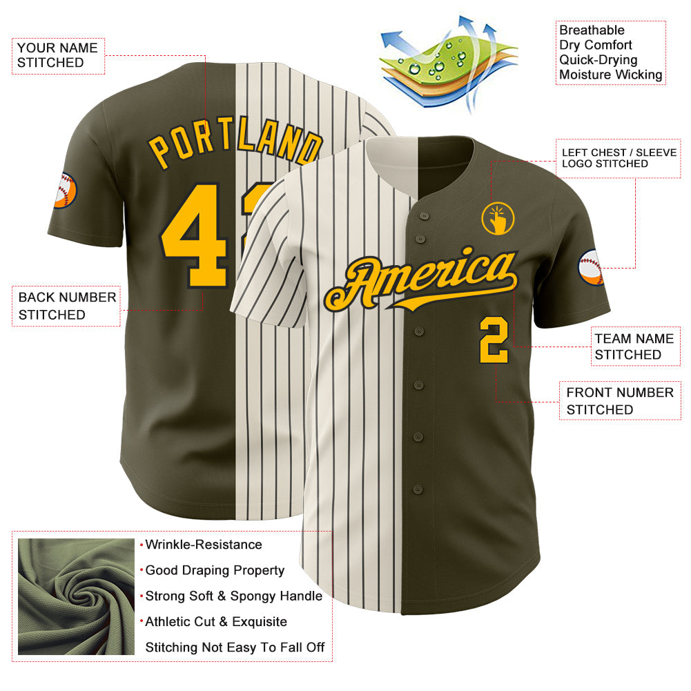 Custom Olive Gold Cream-Black Pinstripe Authentic Split Fashion Salute To Service Baseball Jersey - Sky-Custom