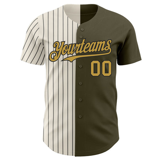 Custom Olive Old Gold Cream-Black Pinstripe Authentic Split Fashion Salute To Service Baseball Jersey - Sky-Custom