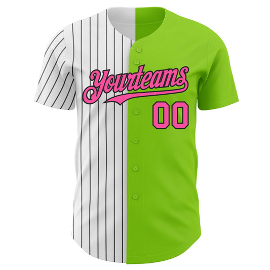 Custom Neon Green Pink-Black Pinstripe Authentic Split Fashion Baseball Jersey - Sky-Custom