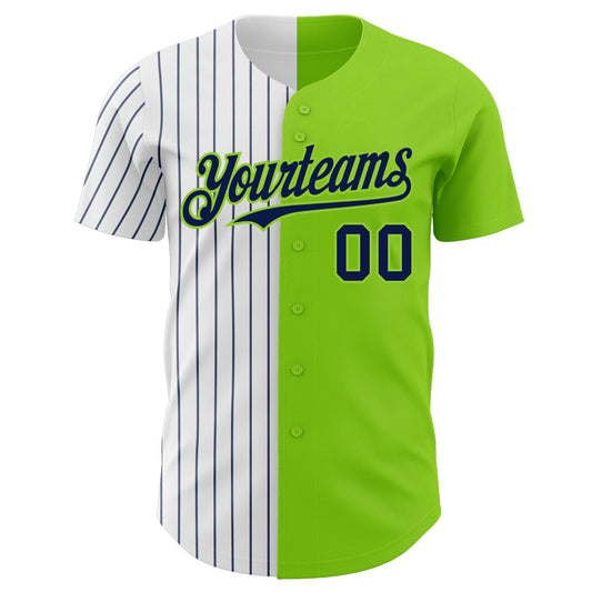 Custom Neon Green White-Navy Pinstripe Authentic Split Fashion Baseball Jersey - Sky-Custom