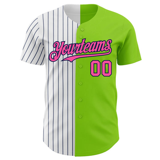 Custom Neon Green Pink-Navy Pinstripe Authentic Split Fashion Baseball Jersey - Sky-Custom