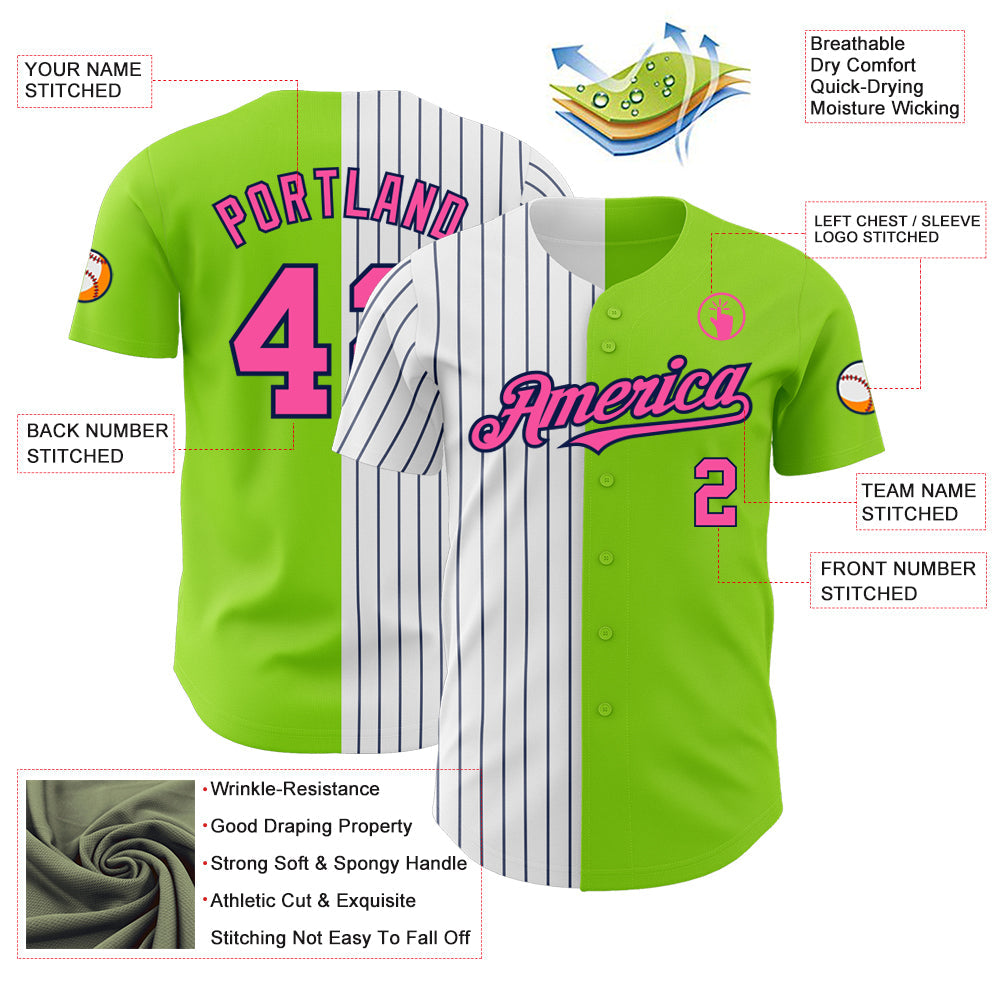 Custom Neon Green Pink-Navy Pinstripe Authentic Split Fashion Baseball Jersey - Sky-Custom