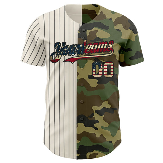 Custom Camo Vintage USA Flag Cream-Black Pinstripe Authentic Split Fashion Salute To Service Baseball Jersey - Sky-Custom