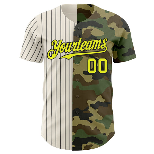Custom Camo Neon Yellow Cream-Black Pinstripe Authentic Split Fashion Salute To Service Baseball Jersey - Sky-Custom