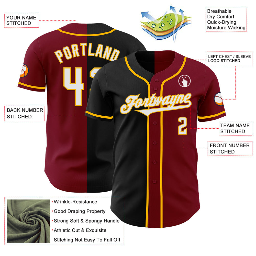 Custom Crimson Black-Gold Authentic Split Fashion Baseball Jersey - Sky-Custom