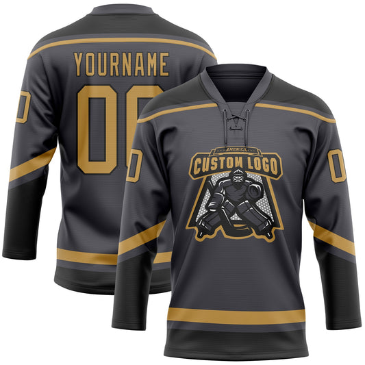 Custom Steel Gray Old Gold-Black Hockey Lace Neck Jersey - Sky-Custom