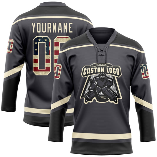 Custom Steel Gray Vintage USA Flag Cream-Black Hockey Lace Neck Jersey - Sky-Custom