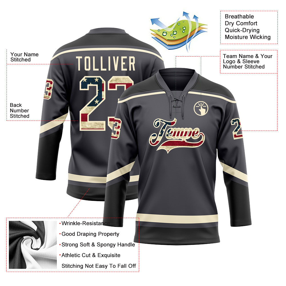 Custom Steel Gray Vintage USA Flag Cream-Black Hockey Lace Neck Jersey - Sky-Custom