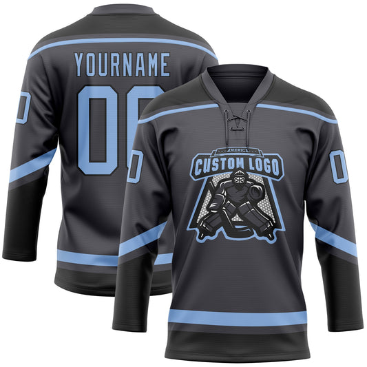 Custom Steel Gray Light Blue-Black Hockey Lace Neck Jersey - Sky-Custom