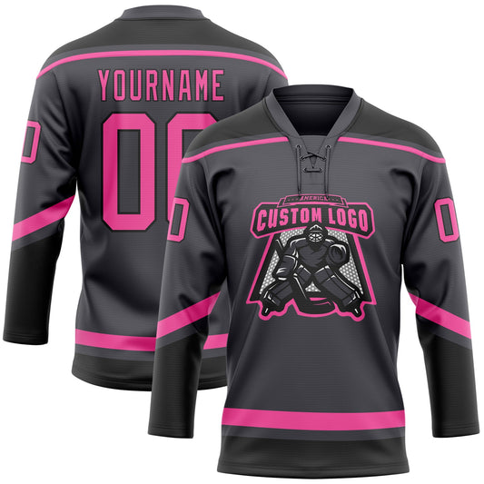 Custom Steel Gray Pink-Black Hockey Lace Neck Jersey - Sky-Custom