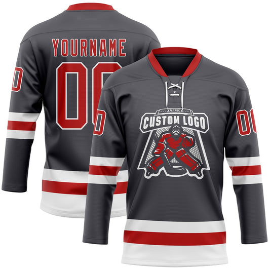 Custom Steel Gray Red-White Hockey Lace Neck Jersey - Sky-Custom