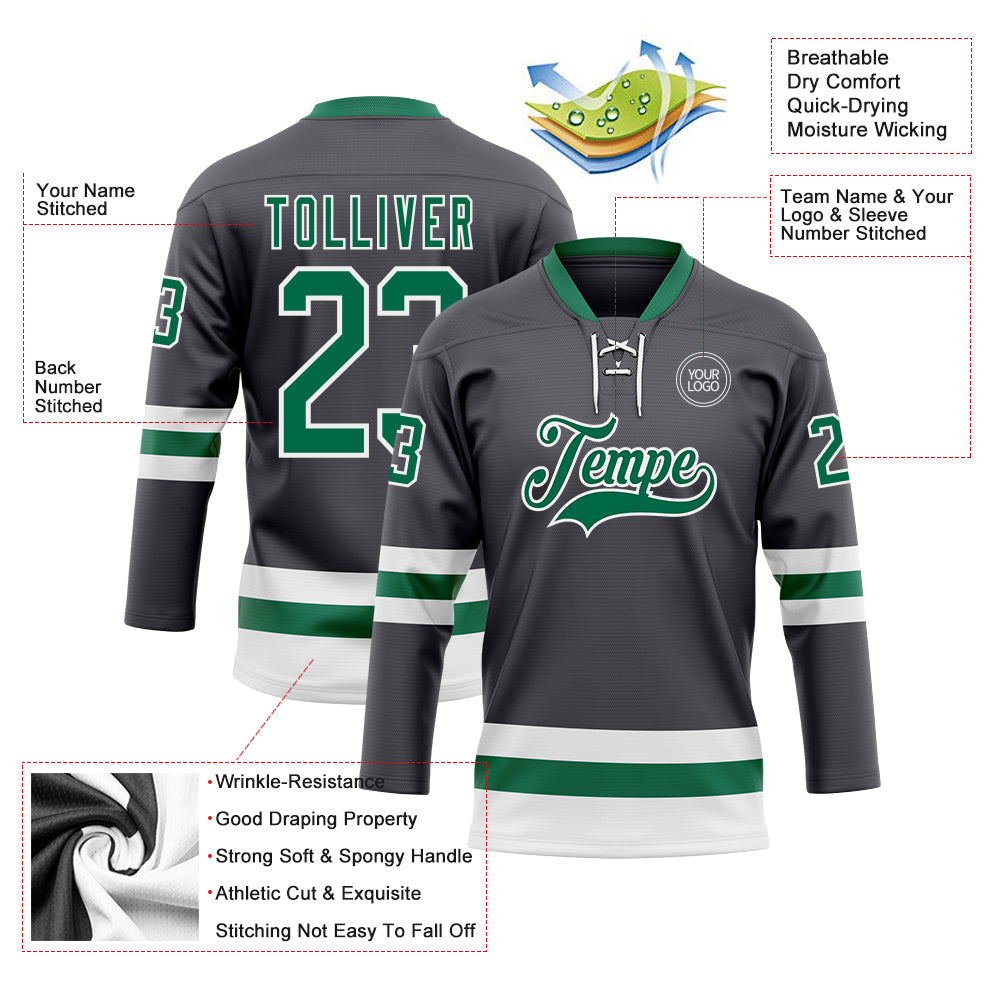 Custom Steel Gray Kelly Green-White Hockey Lace Neck Jersey - Sky-Custom
