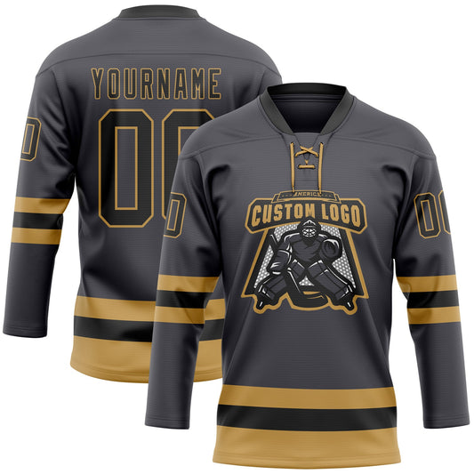 Custom Steel Gray Black-Old Gold Hockey Lace Neck Jersey - Sky-Custom